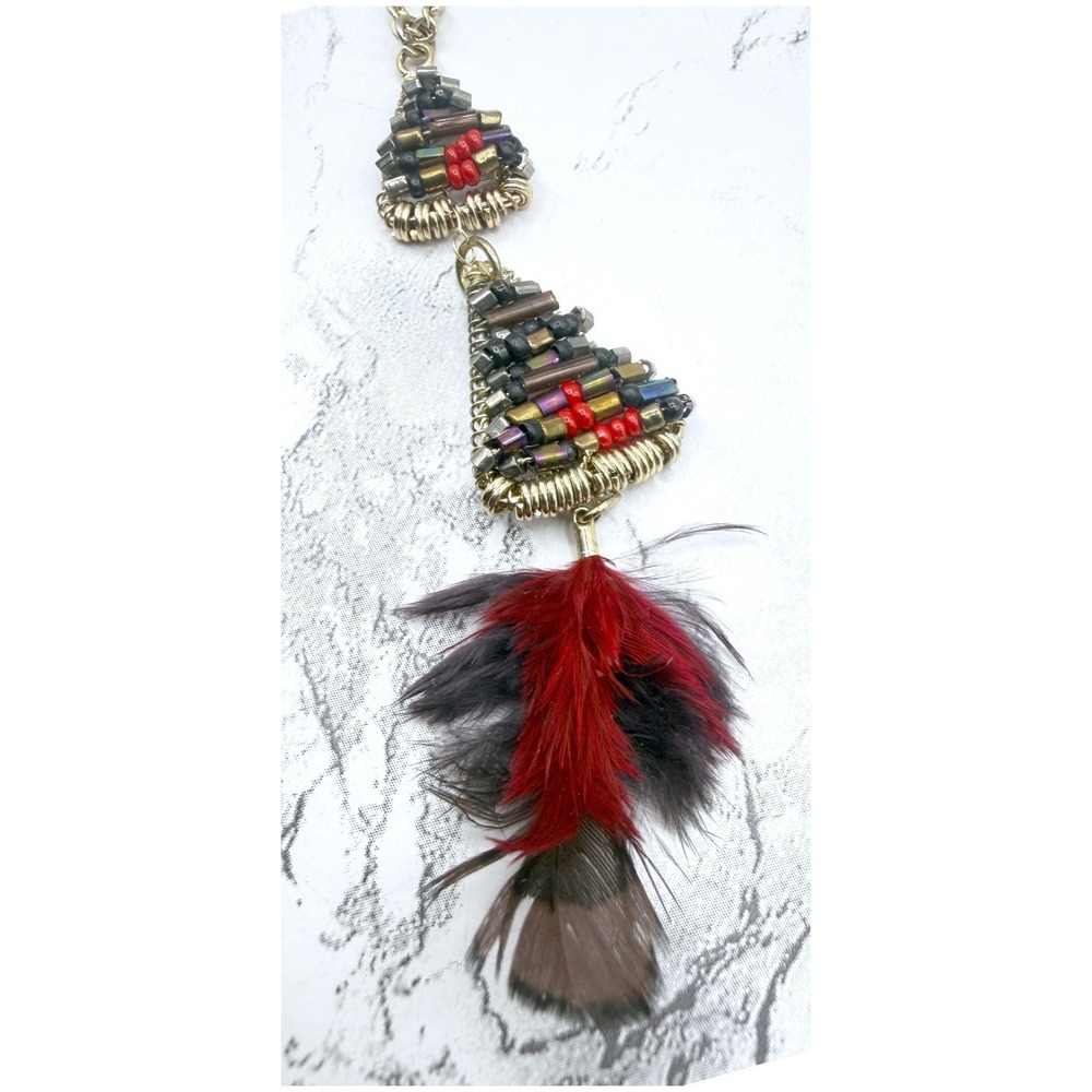 Express Layered Necklace Feather Pendant‎ Beaded Boho 2 Chains 22" & 28"